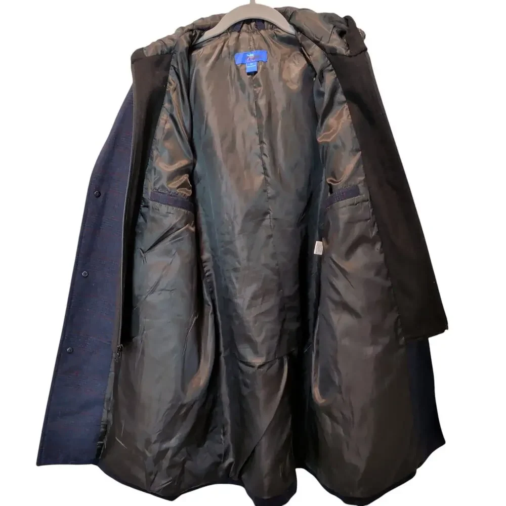 NWOT Egara Men's S M Blue Plaid Wool Pea Coat Layered Look Hooded Thick Heavy